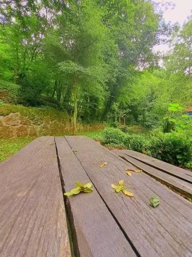 Drveni piknik sto u zelenilu Etno-kuće Leka